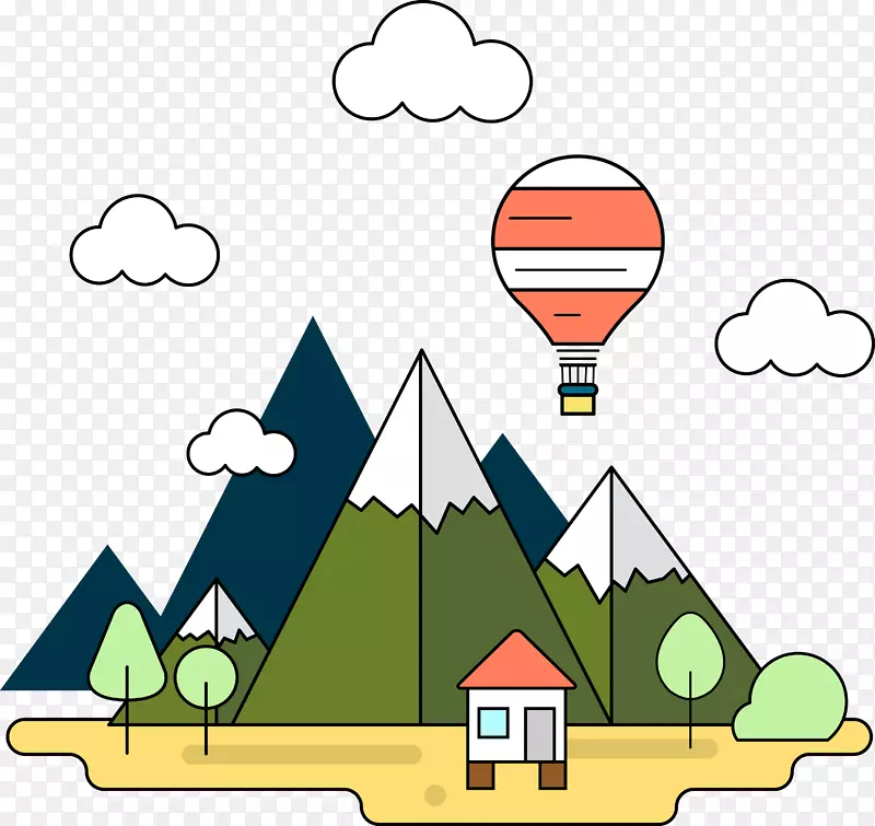 卡通山峰下的房子和热气球