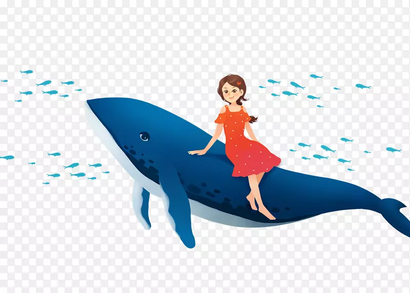 免抠卡通手绘坐在蓝色鲸鱼上的女
