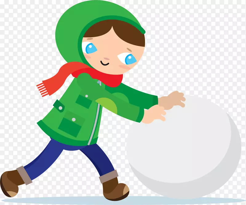 冬季推雪球的小男孩