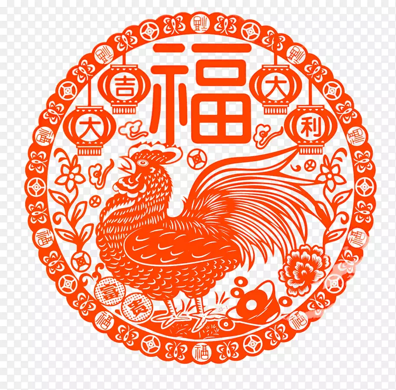 红色中国风鸡年剪纸装饰图案