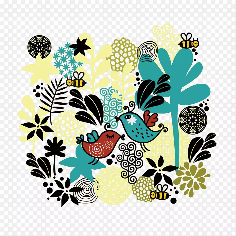 矢量彩绘简约花鸟