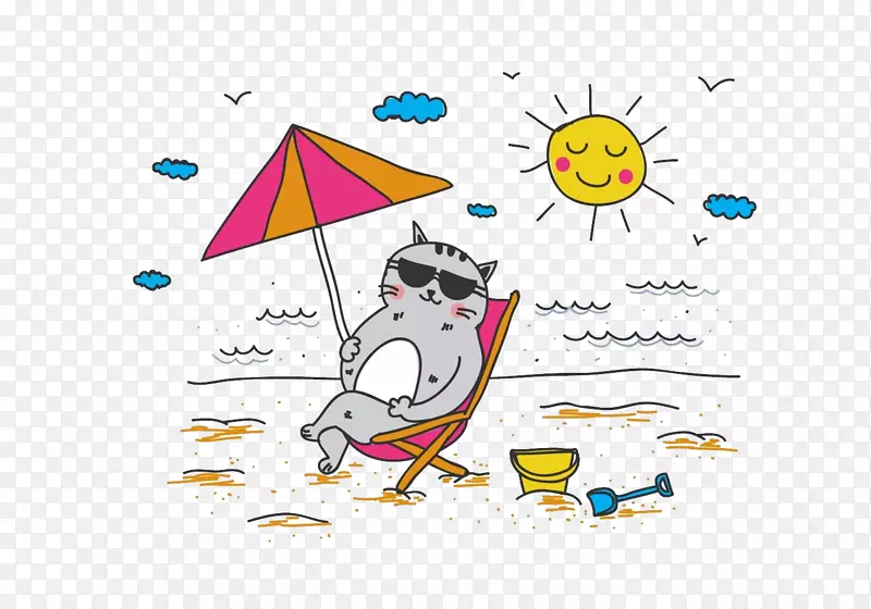 沙滩晒太阳的猫咪