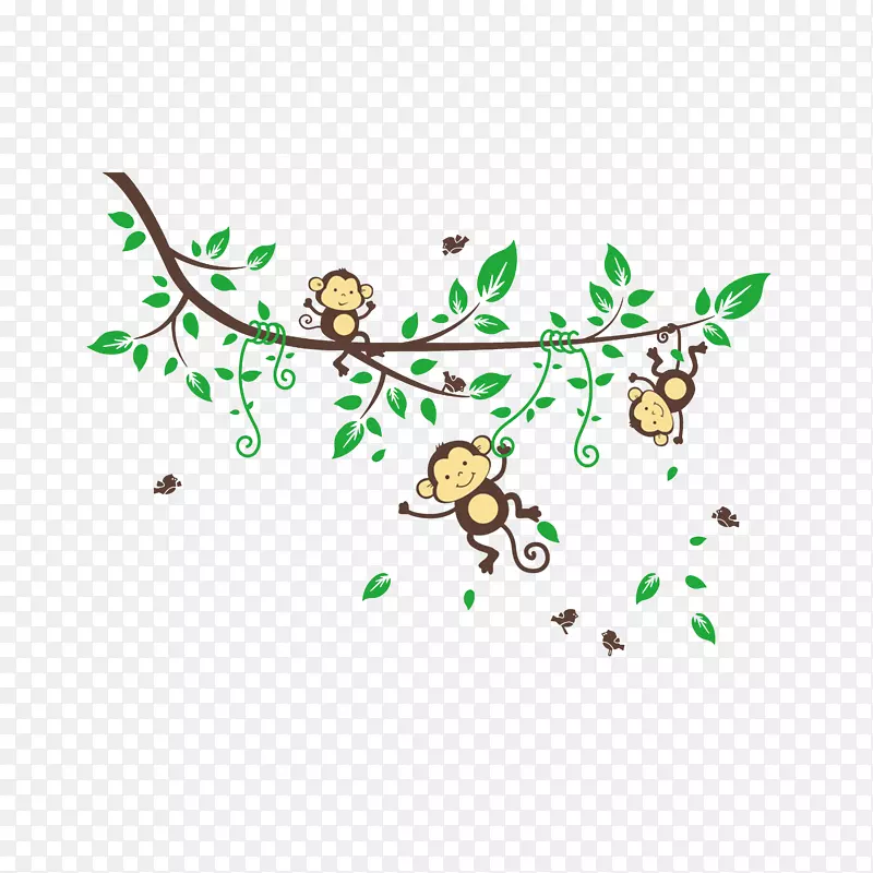 卡通在蔓藤上玩耍的猴子素材