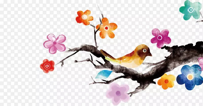 水彩树枝上的小鸟