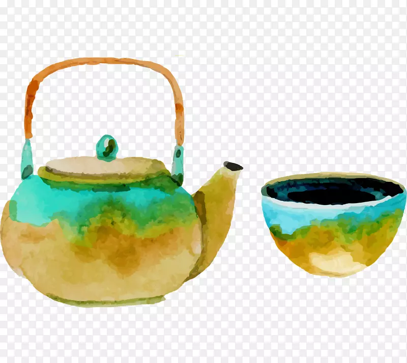 手绘水彩风茶壶茶杯
