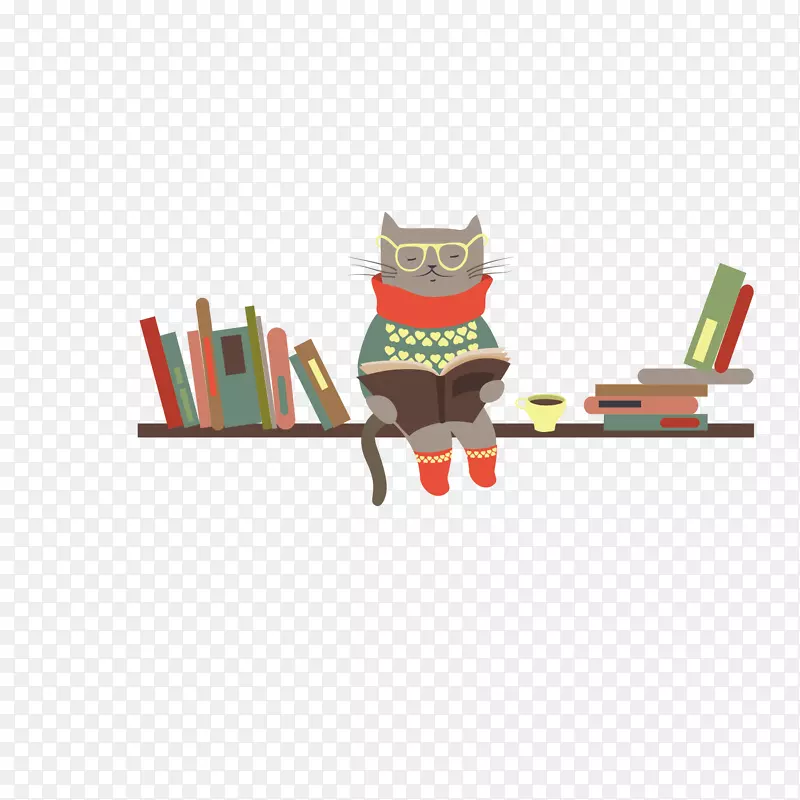 戴眼镜猫咪看书手绘