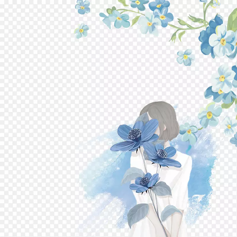 手绘水彩蓝色花卉元素