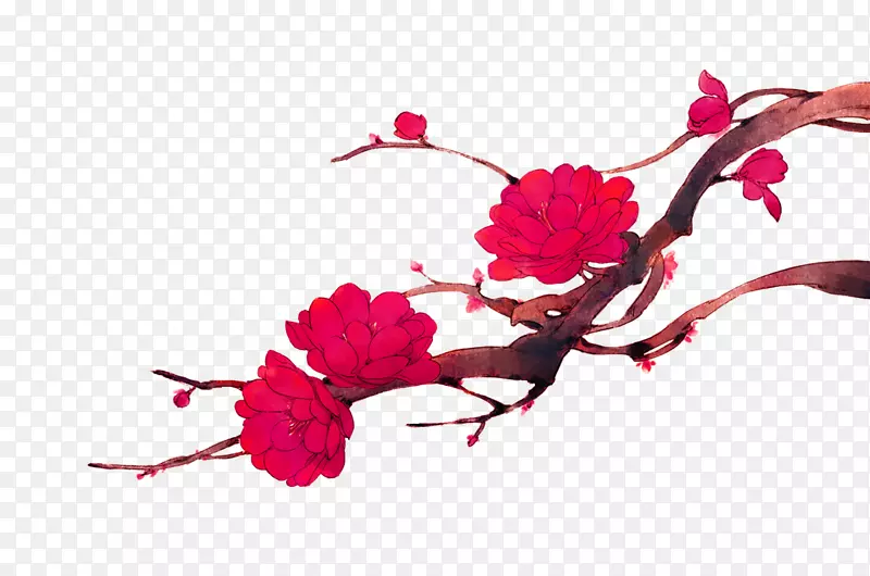 红色清新花枝装饰图案