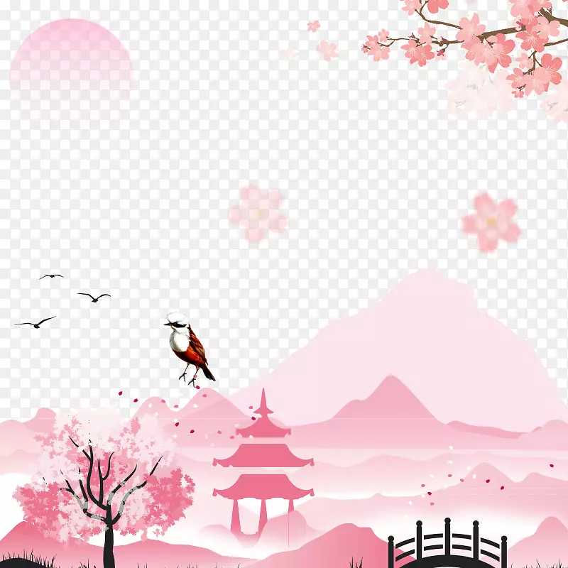 红色创意樱花季山水海报背景