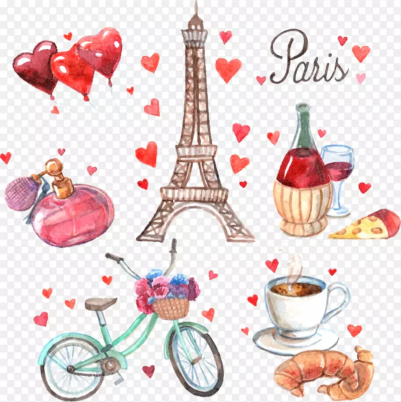 矢量手绘彩色巴黎铁塔与自行车