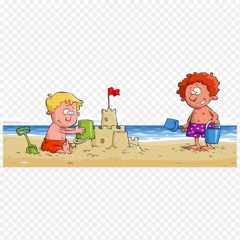 沙滩上玩沙子的矢量小孩
