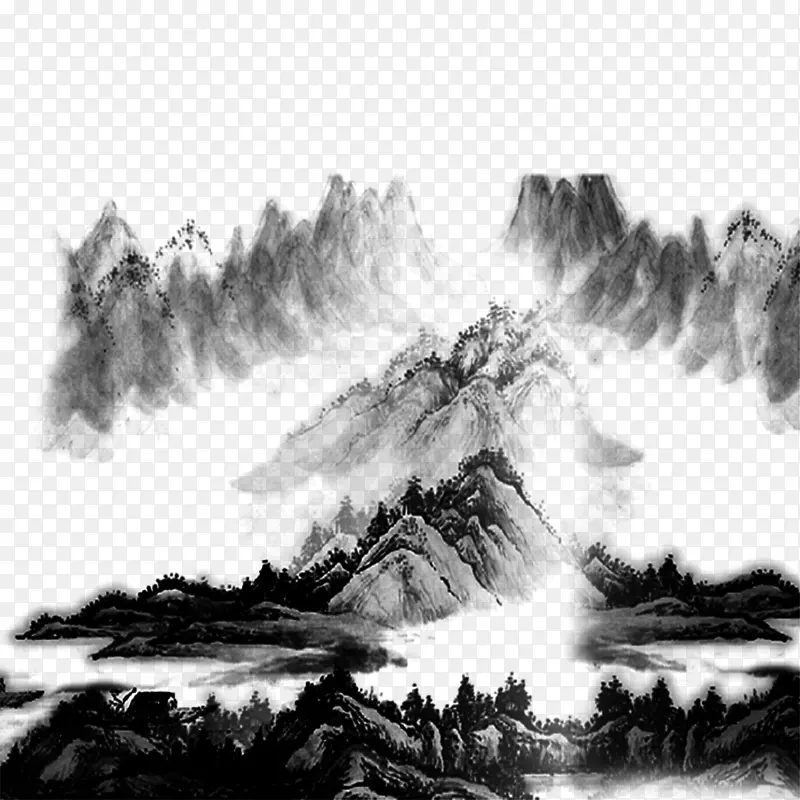 中国风黑色山水画免抠图