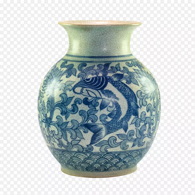 蓝色一条大鱼的花瓶古代器物实物