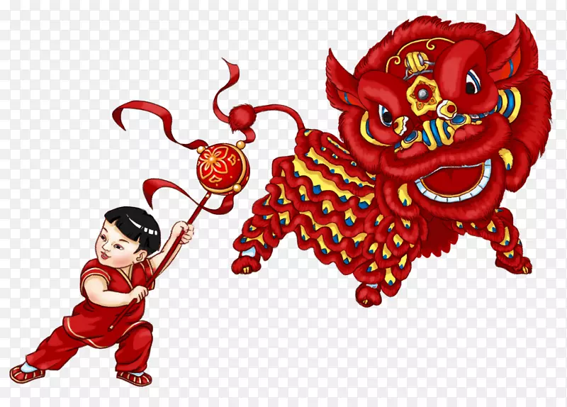 新年装饰手绘舞狮插画素材