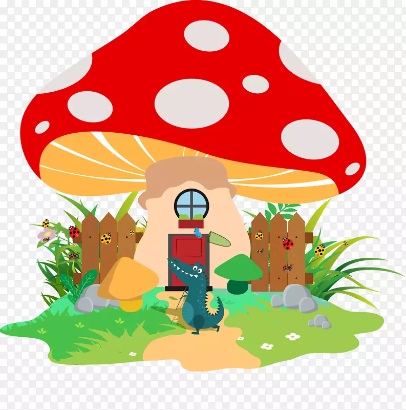 红色蘑菇下的卡通鳄鱼