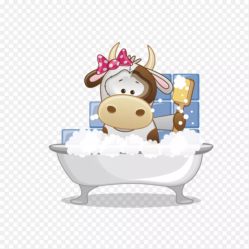 卡通手绘洗澡的奶牛