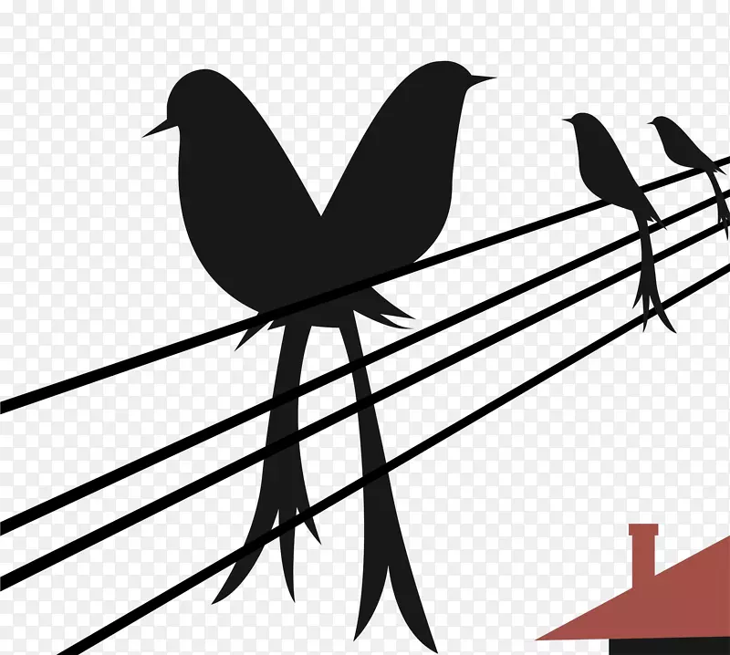 黑色手绘电线上的小鸟