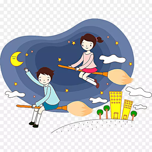 插画骑着魔法扫帚的男孩和女孩