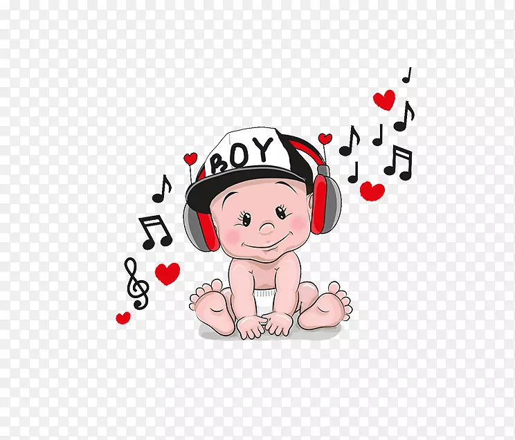 卡通手绘听音乐的婴儿