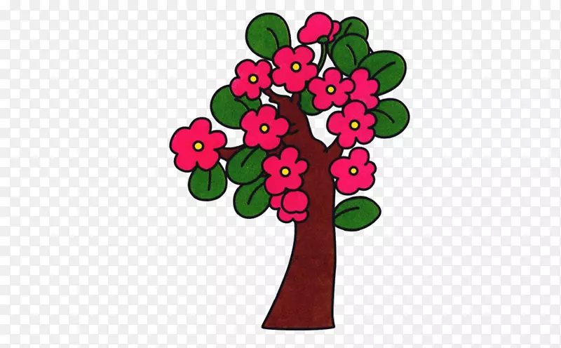 手绘粉色花朵绿色叶子的树