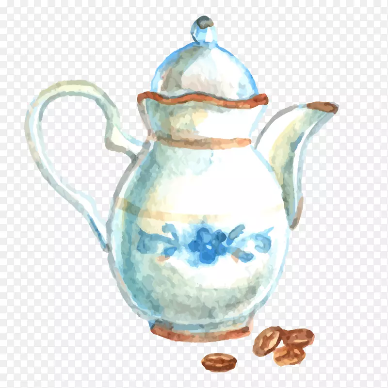 卡通手绘水壶与咖啡豆