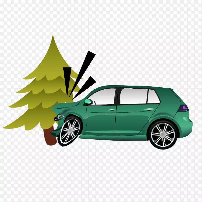绿色汽车撞树