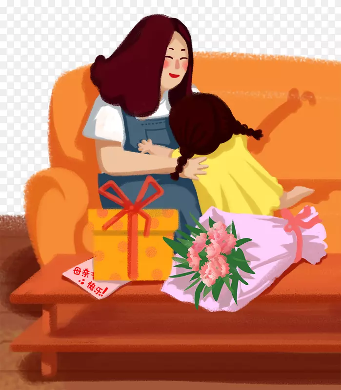 手绘人物插图母亲节女孩拥抱妈妈