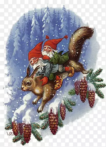 圣诞节红帽矮人与松鼠松果