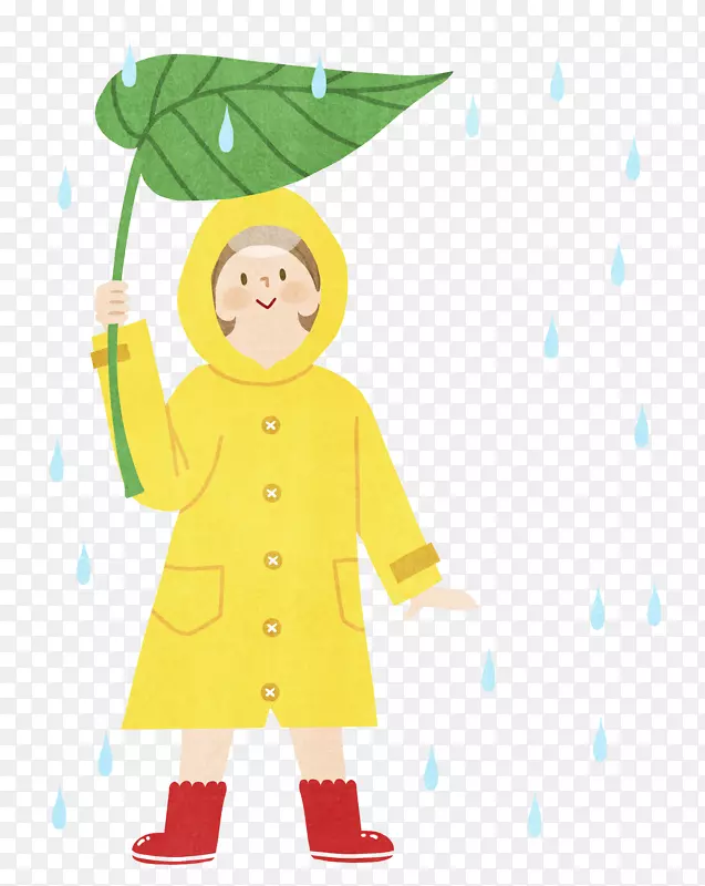 穿黄色雨衣的女孩用叶子遮雨