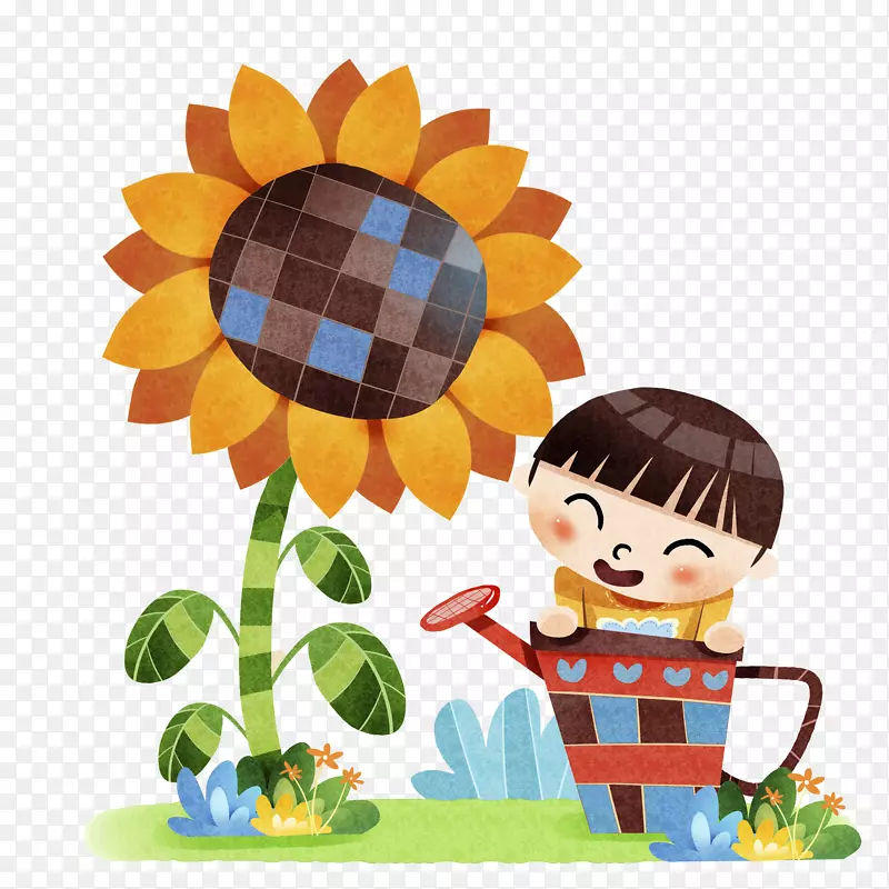 卡通浇花的男孩免抠图