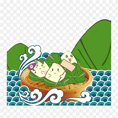 卡通绿色粽子赛龙舟