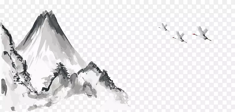 水墨山峰和白鸽