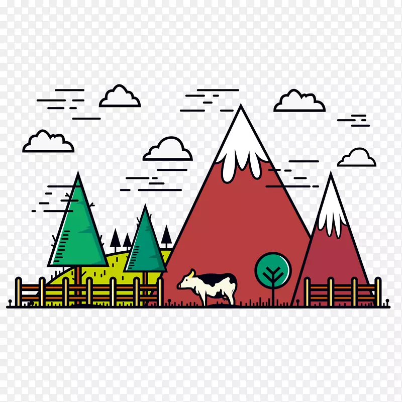 雪山下的牧场奶牛矢量