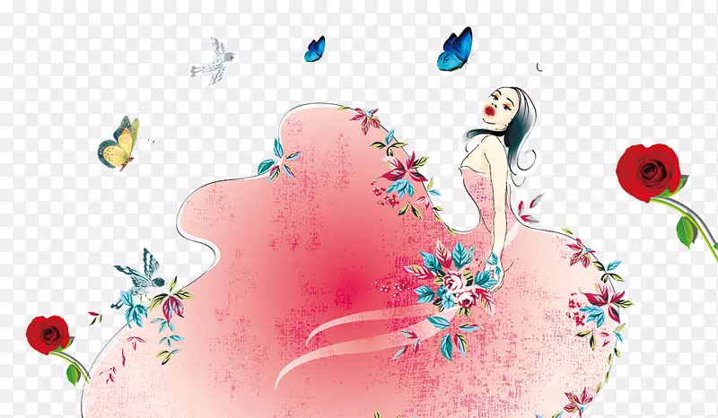 免抠卡通手绘看向天空的女人蝴蝶