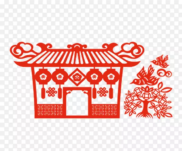 手绘中国风红色剪纸房子和树
