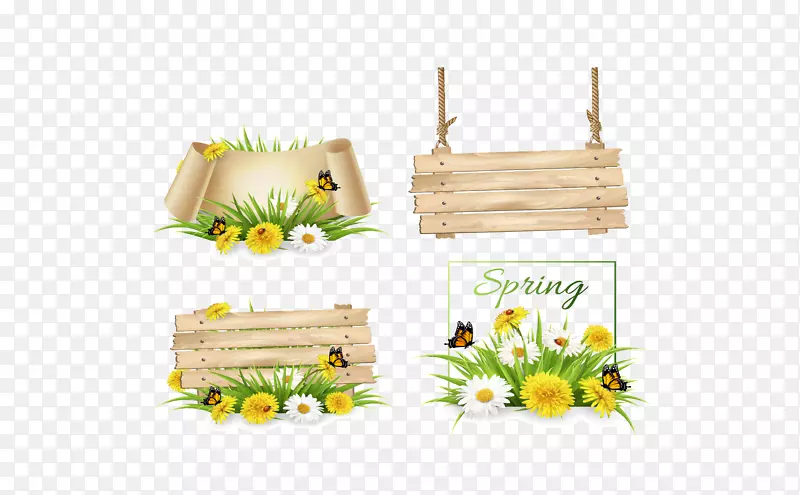4款春季花卉与蝴蝶装饰木牌矢量