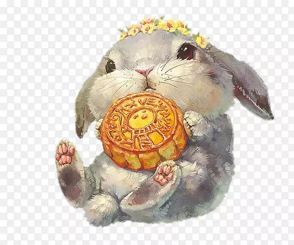 卡通手绘小兔子吃月饼
