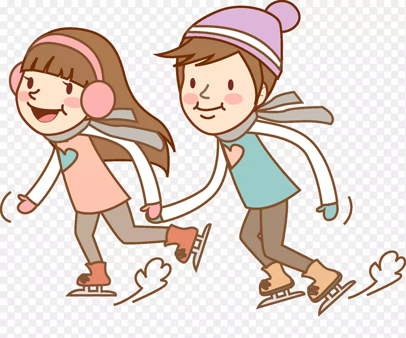 牵手滑雪的男女孩