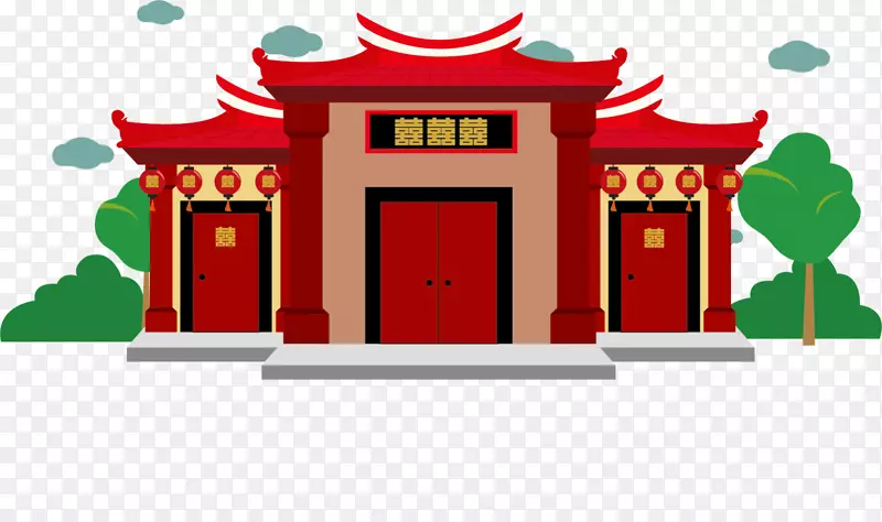 红色中国风喜字建筑