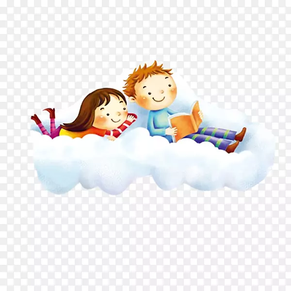 卡通手绘在云朵里读书的女孩男孩