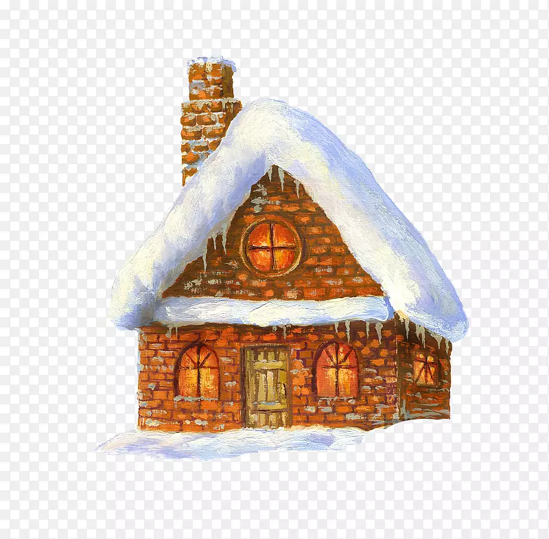 冬天下雪天里亮灯的童话小屋