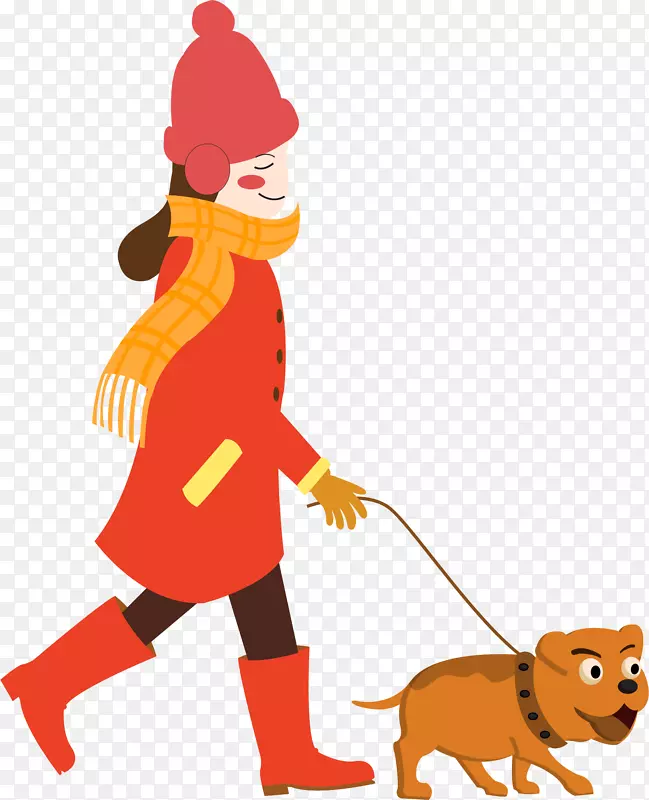 戴帽子围巾女生遛狗插画装饰图案