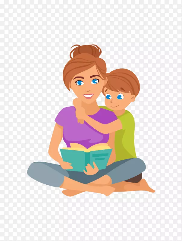 手绘卡通妈妈和女儿亲子阅读