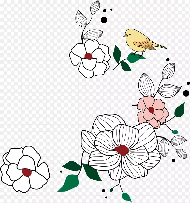 手绘花朵和小鸟png素材