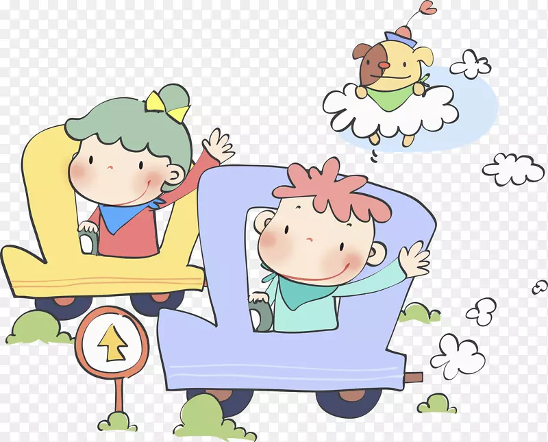 手绘两个开车的孩子