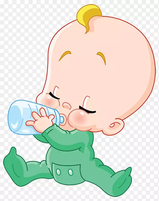 卡通绿衣小婴儿在喝奶