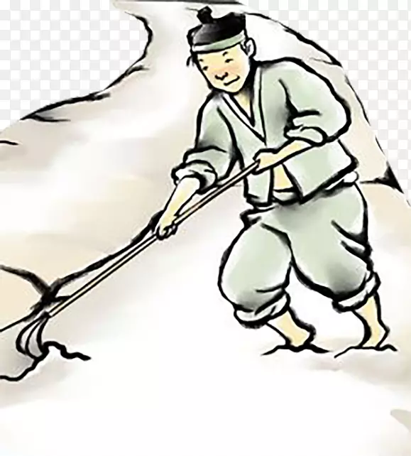古代用锄头在黄色土地里耕作的戴