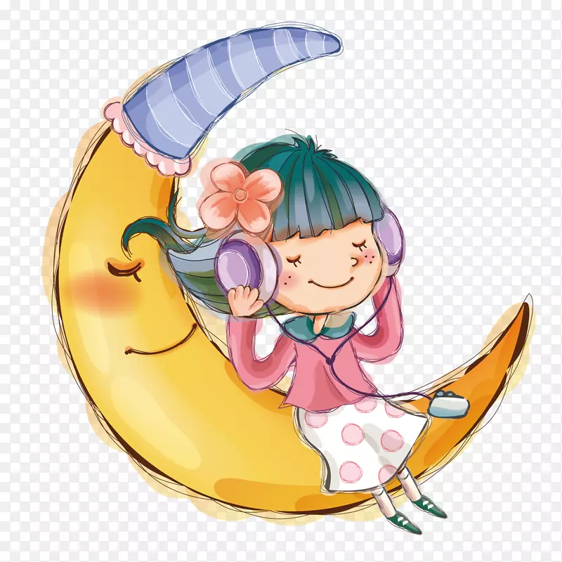 躺在月亮上听音乐的小女孩