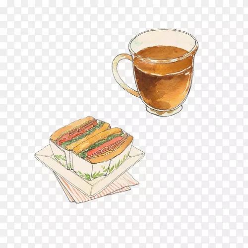 红茶和面包手绘画素材图片