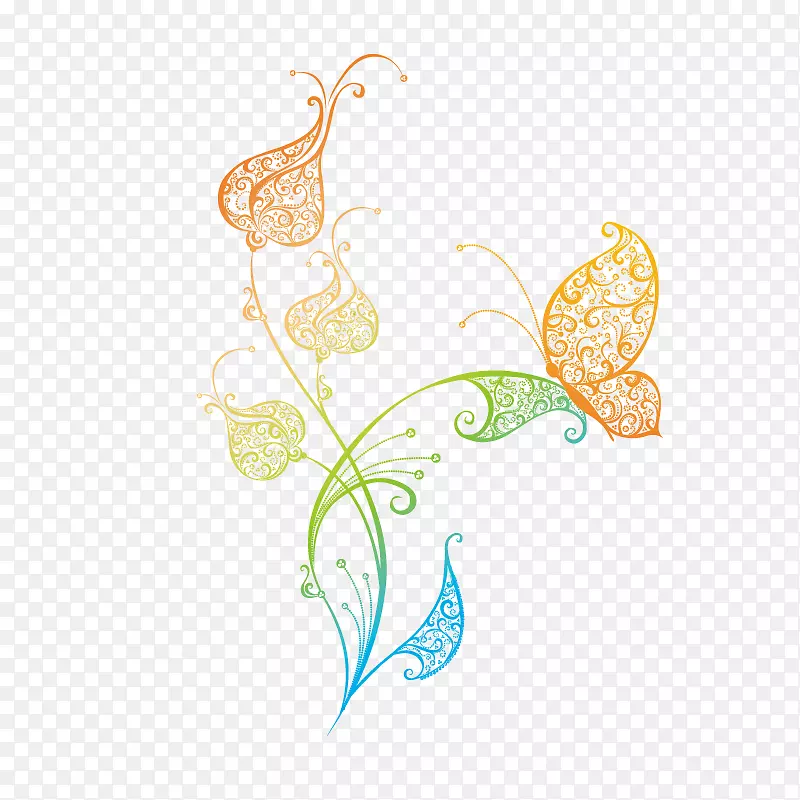 彩色中国风梦幻手绘花朵蝴蝶素材